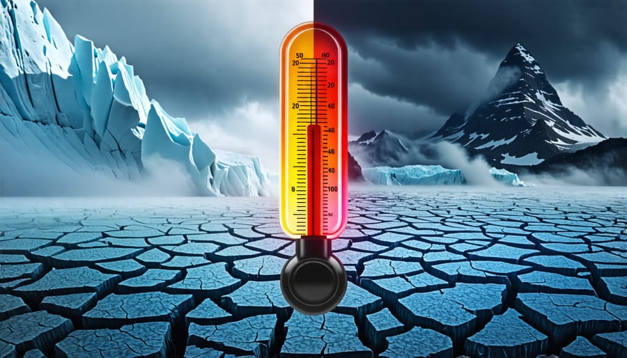 Thermometer rising in temperature against a backdrop split between melting glaciers and rising sea levels on one side, and dark clouds with barren earth on the other, symbolizing climate change metrics.