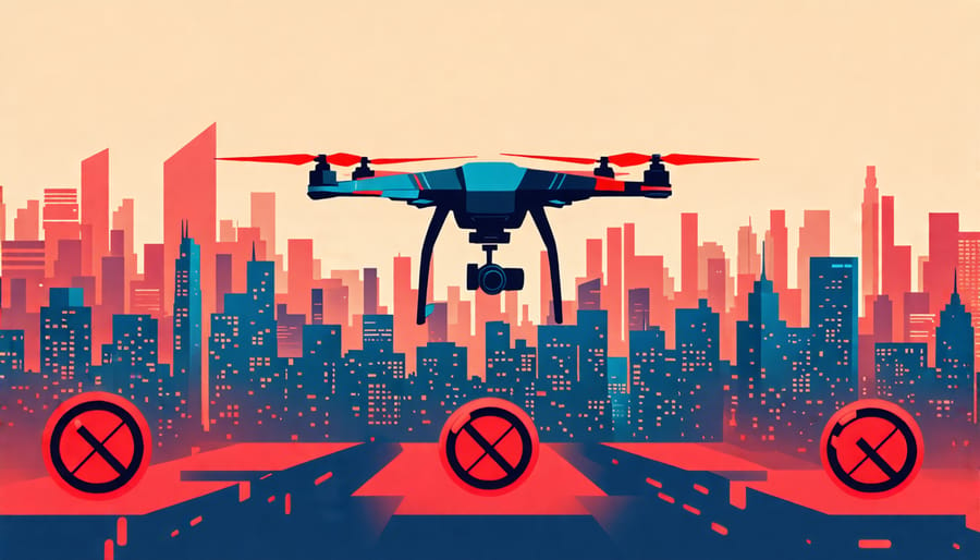 Drone facing regulatory restrictions represented by prohibited symbols over a city