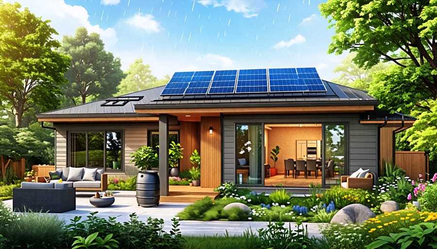 Illustration of a modern home with solar panels, LED lighting, low-flow showerheads, compost bins, and a rain barrel garden.