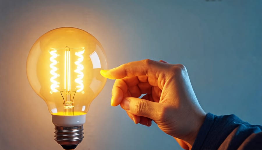 Hands replacing an incandescent light bulb with an LED bulb