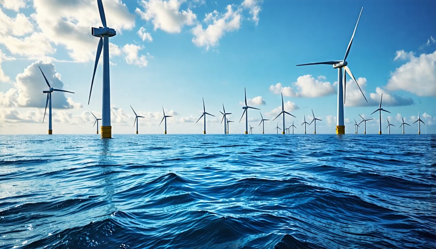 Scientists conducting environmental monitoring to assess the effects of offshore wind turbines on marine ecosystems