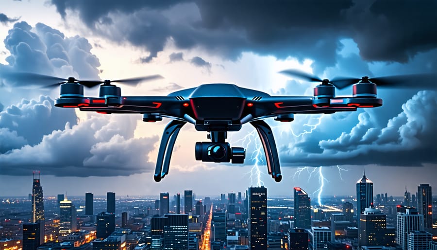 A drone equipped with advanced sensors flying through stormy weather above a diverse cityscape, symbolizing the regulatory, safety, technological, social, and infrastructure challenges faced by the drone industry.