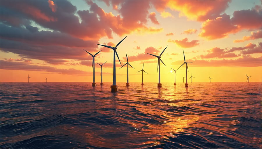 Offshore wind farm generating clean energy during a colorful sunset