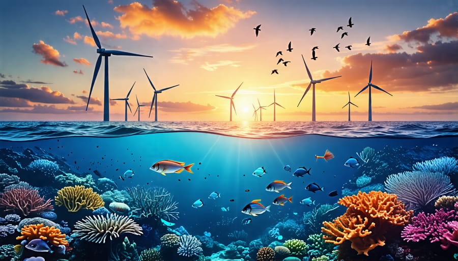 Offshore wind farm with turbines rotating above the ocean, birds flying overhead, and marine life including fish and corals thriving below the surface, illustrating the balance between clean energy generation and marine ecosystem protection.