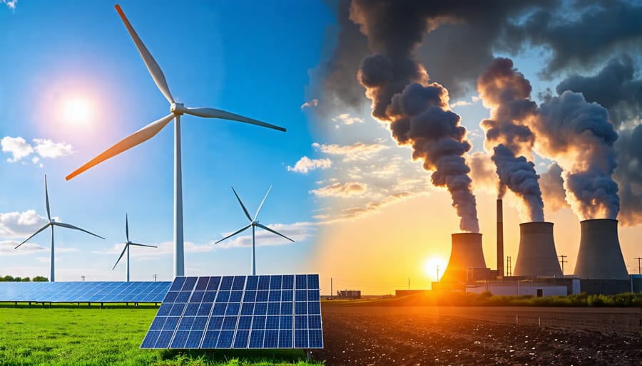 A split-screen image comparing clean, cost-effective wind turbines and solar panels against a costly, polluting coal-fired power plant, illustrating the financial and environmental advantages of renewable energy over fossil fuels.