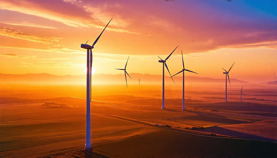 Wind turbines standing tall on a plain during sunset, representing the promising future of wind energy as a key player in clean and renewable power generation.