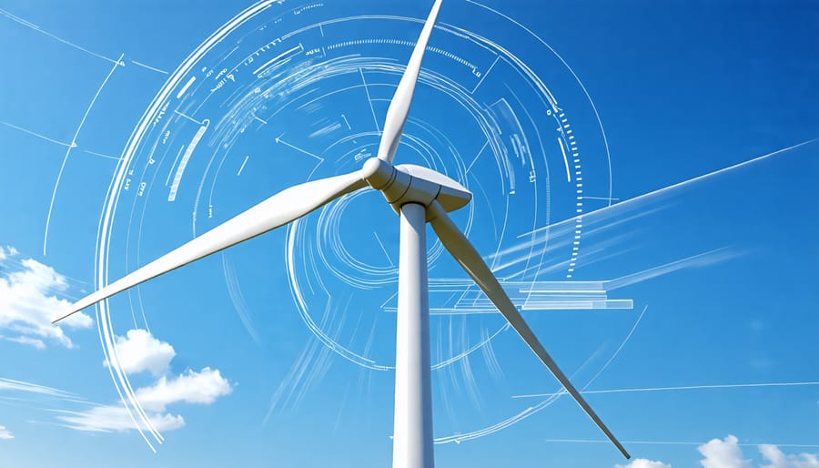 A wind turbine with spinning blades against a blue sky, symbolizing the conversion of wind into electricity.