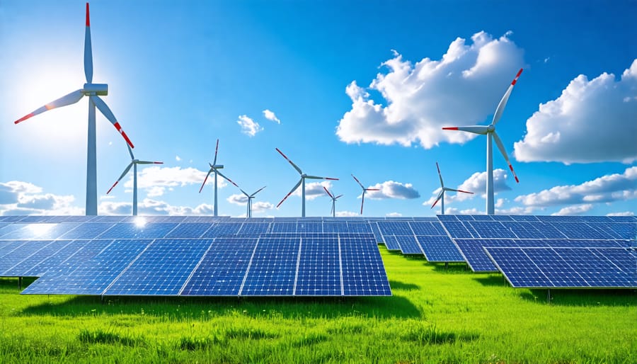 Renewable energy sources, wind turbines and solar panels, generating clean power