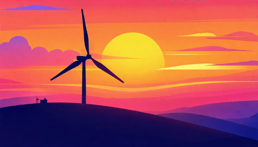 Wind turbine at sunset representing the rising prominence of wind energy