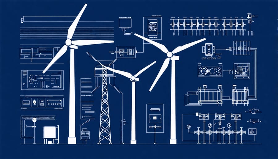 Illustration of main elements in a 3 phase wind turbine wiring setup