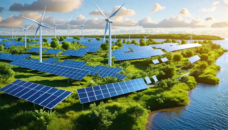 Conceptual depiction of renewable energy integration featuring solar panels, wind turbines, and resilient infrastructure working in harmony with nature along a coastal landscape.