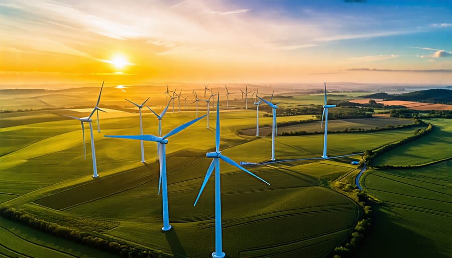 An aerial shot showing a large wind farm with numerous wind turbines in operation