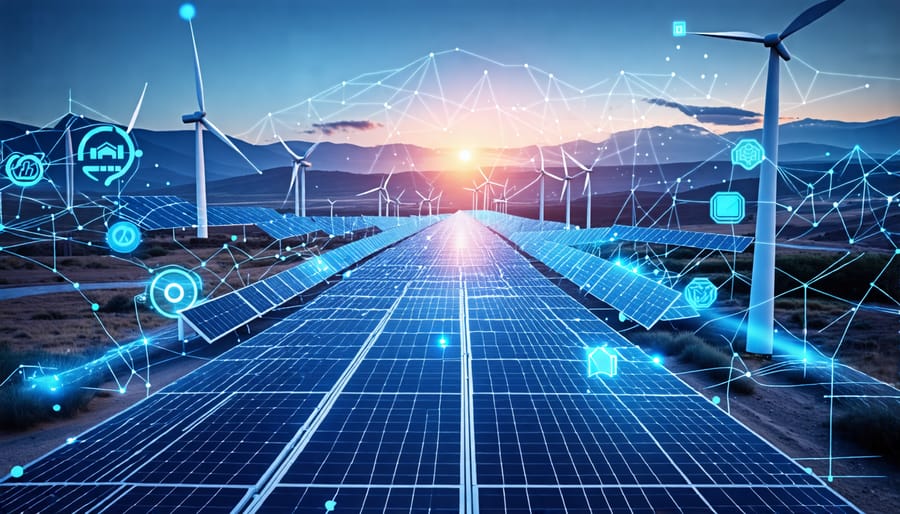 An illustrative depiction of a smart grid landscape combining wind turbines and solar panels, interconnected through digital pathways that represent artificial intelligence integration.