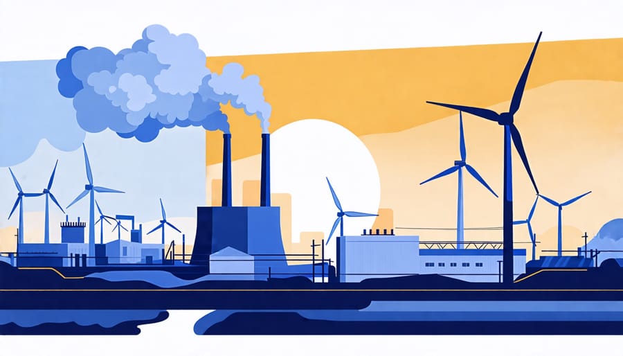 Conceptual comparison of air pollution from fossil fuels versus clean wind energy