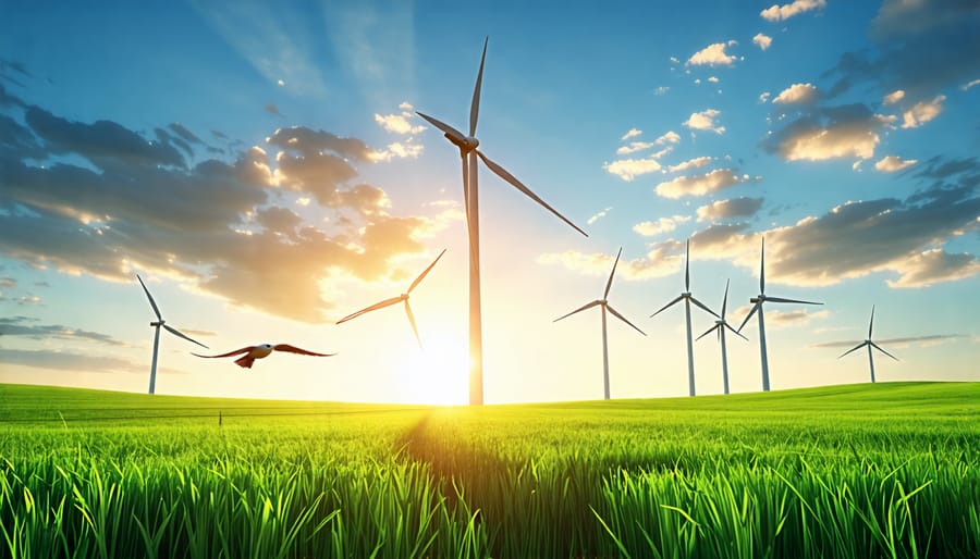 A bird flying near wind turbines, illustrating the potential impact on avian wildlife