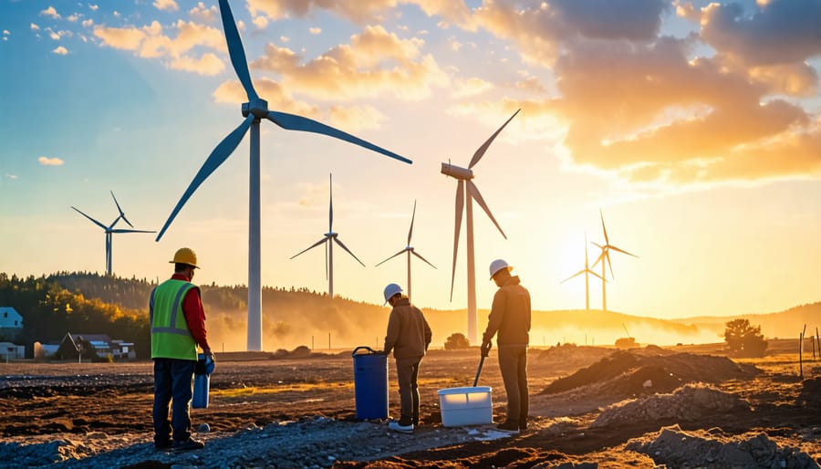 Locals participating in the construction of a wind turbine, showcasing job creation and local involvement