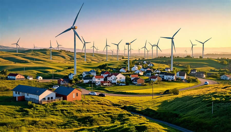 Community near wind turbines with wind farm visible in the background