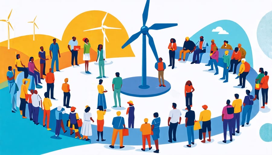 A diverse group of community members and stakeholders gathered in discussion around a wind turbine model, symbolizing collaboration and educational efforts in renewable energy projects.