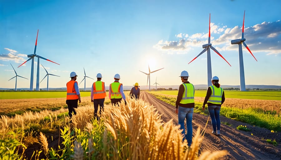 Group of community members collaboratively working on setting up wind turbines in a rural area