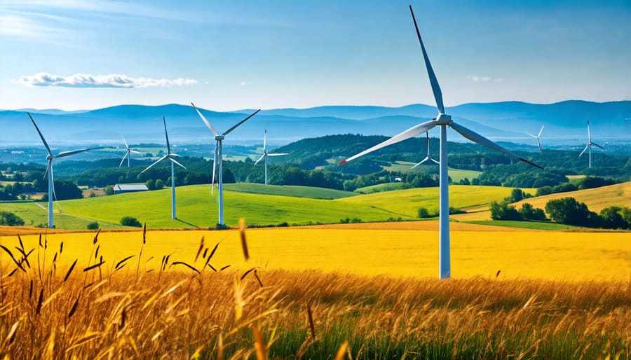 Wind turbines in a community setting demonstrating local wind energy projects