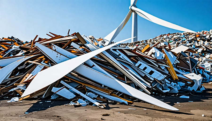 Large pile of used wind turbine blades awaiting recycling at a plant