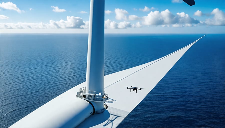 Aerial drone performing a close-up inspection of an offshore wind turbine blade