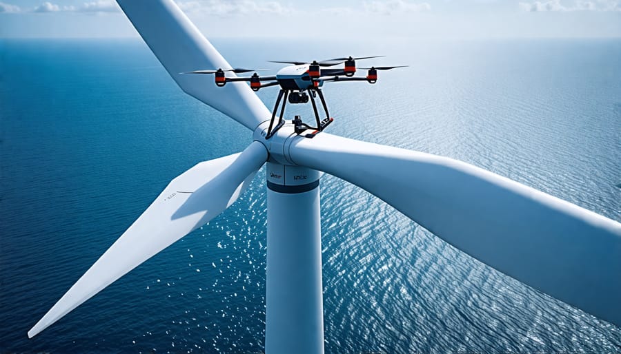 Drone involved in the maintenance inspection of offshore wind turbine blades