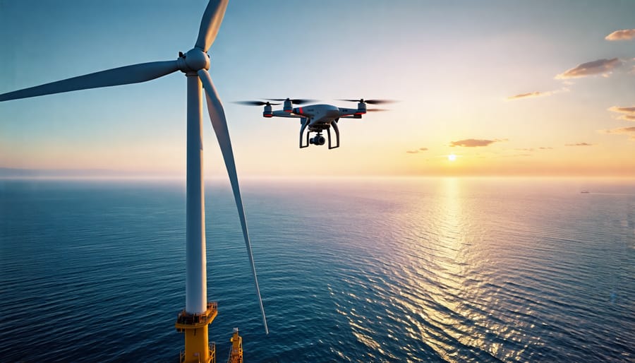 A drone conducting a maintenance inspection on an offshore wind turbine, highlighting technology's role in efficient and eco-friendly energy solutions.