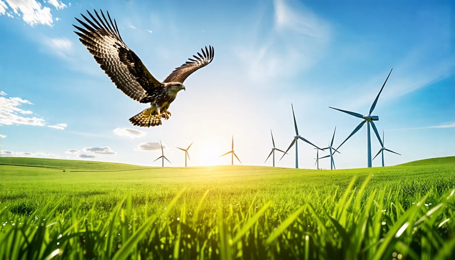 A bird soaring near wind turbines on a grassy field, representing the impact of wind turbines on bird populations and the necessity for wildlife conservation.