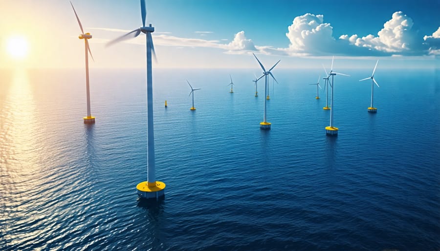 Floating wind turbines positioned offshore in deep waters