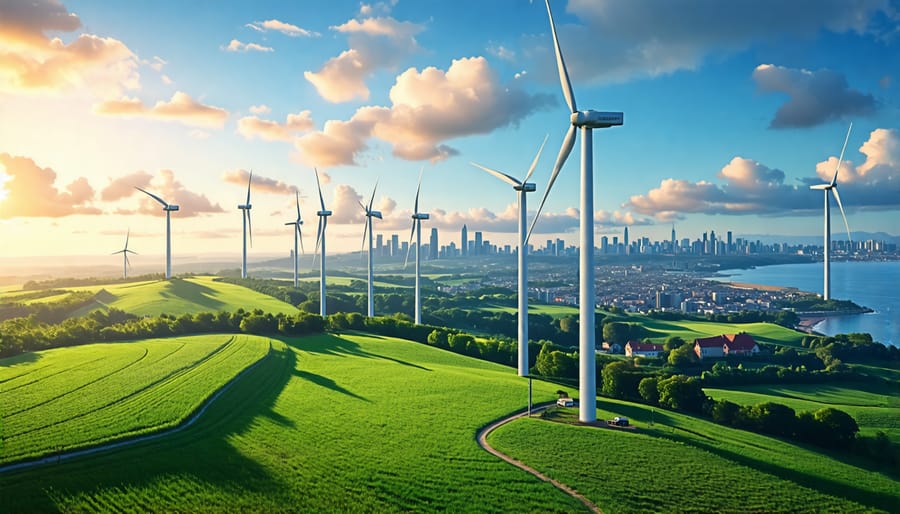 Conceptual illustration depicting the diverse impact of wind energy with wind turbines above various landscapes, indicating its role in sustainability, economic growth, and energy security.