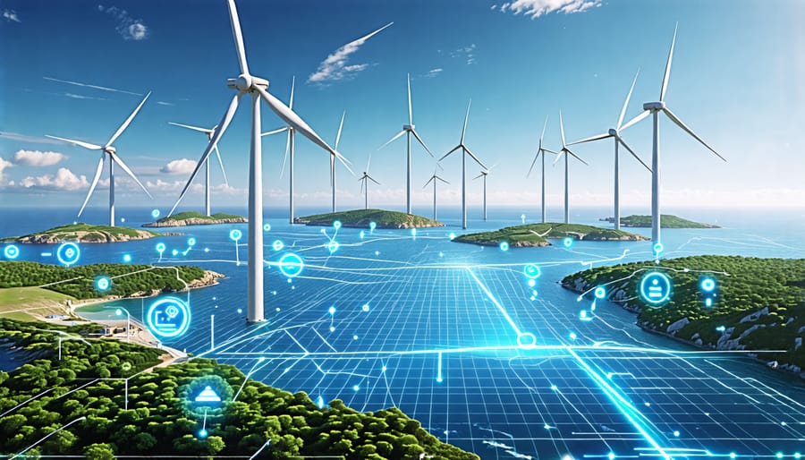 An illustrative image of futuristic wind turbines showcasing vertical-axis and floating designs, integrated with AI and smart technology in both land and sea settings.