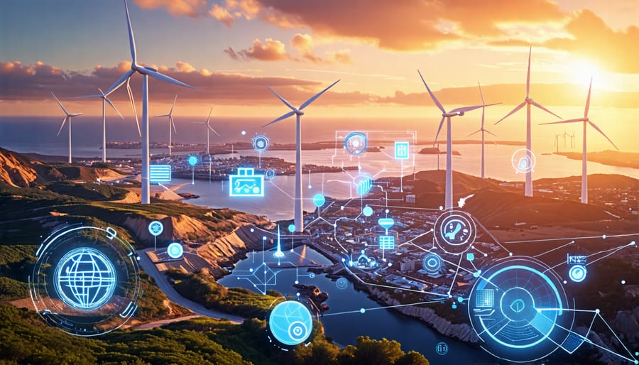 An imaginative landscape with diverse futuristic wind turbine designs and smart grid elements representing cutting-edge wind energy innovations and integration technologies.