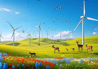 Wind turbines set in a lush landscape with birds and wildlife, demonstrating the balance between renewable energy and ecological conservation.