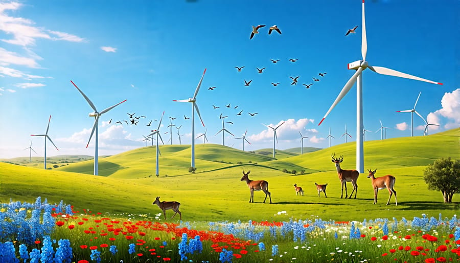 Wind turbines set in a lush landscape with birds and wildlife, demonstrating the balance between renewable energy and ecological conservation.