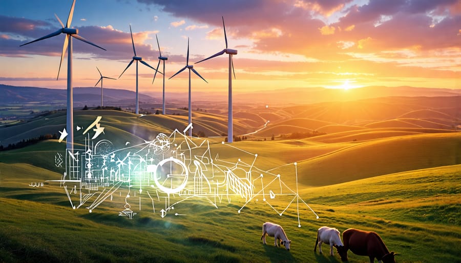 A striking sunset view of a wind farm featuring multiple turbines, overlayed with a detailed diagram explaining how wind turbines convert kinetic wind energy into electricity, set against a backdrop of natural scenery.