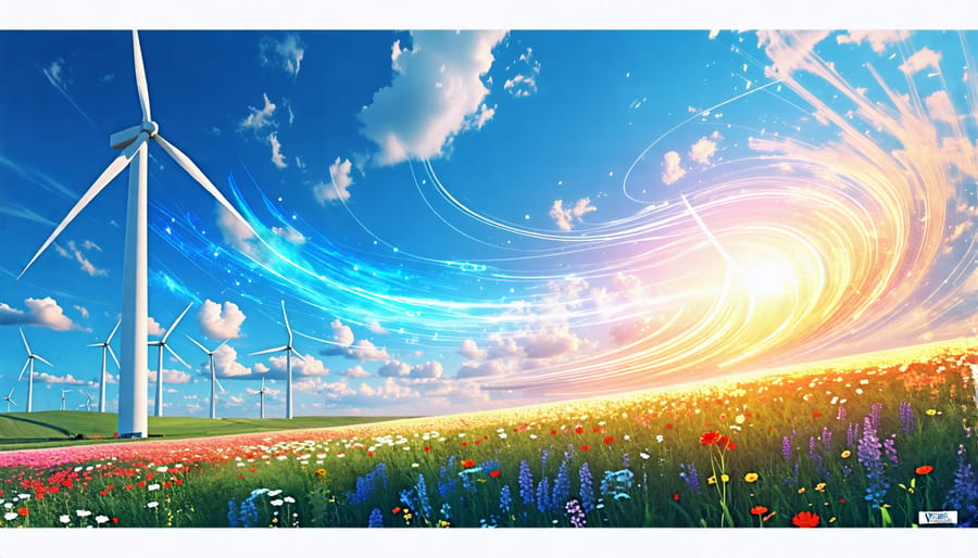 A digital artwork showcasing an expansive field of wind turbines, capturing energy from the wind with blades turning against a blue sky, illustrating the conversion of kinetic energy into electricity for renewable energy.