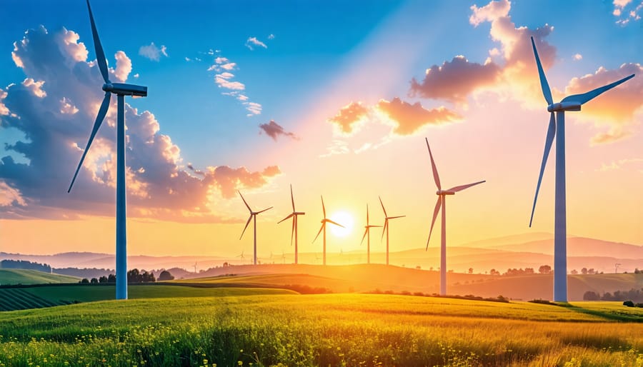 A conceptual image depicting the transformation of windy natural landscapes into sustainable energy through modern wind turbines, highlighting the ecological and technological synergy.