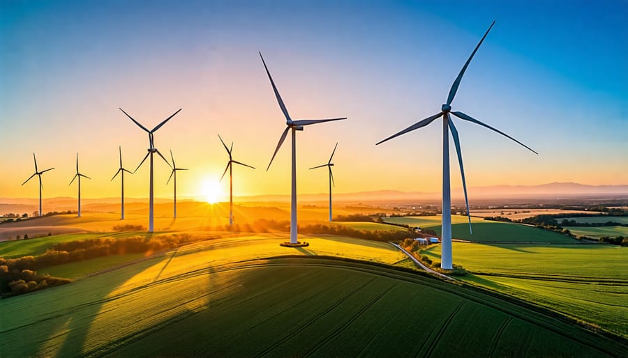 Panoramic view of wind turbines spinning in the wind against a clear blue sky and a warm, golden sunset, symbolizing the generation of clean, renewable energy.