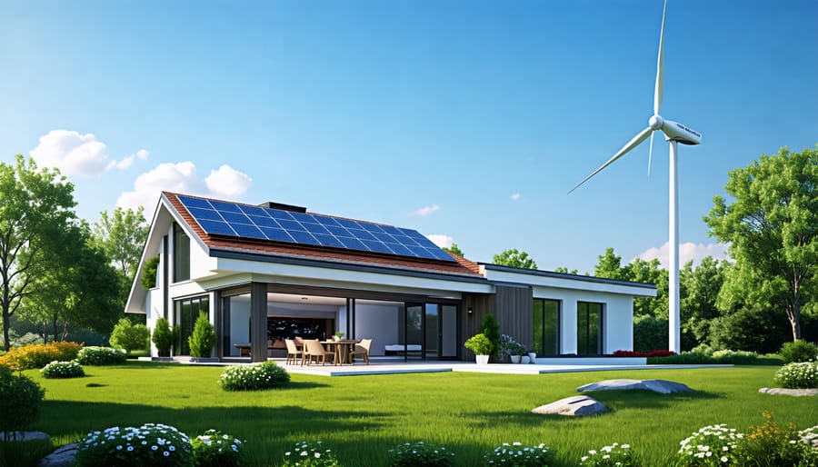 Conceptual illustration of a modern home with solar panels on the roof and a wind turbine in the yard, symbolizing a solar and wind hybrid energy system.