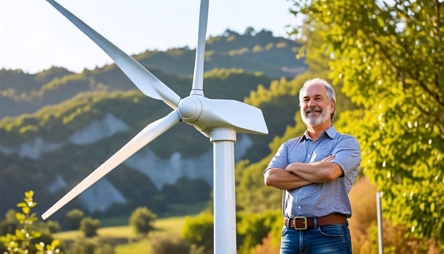 Satisfied homeowner with their residential small-scale wind turbine