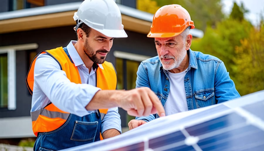 Homeowner consulting with a professional installer to design a customized solar and wind hybrid system for their residence.