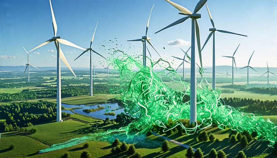 Conceptual illustration depicting wind turbines in a peaceful landscape being disassembled by green energy tendrils, symbolizing innovative recycling for sustainability.