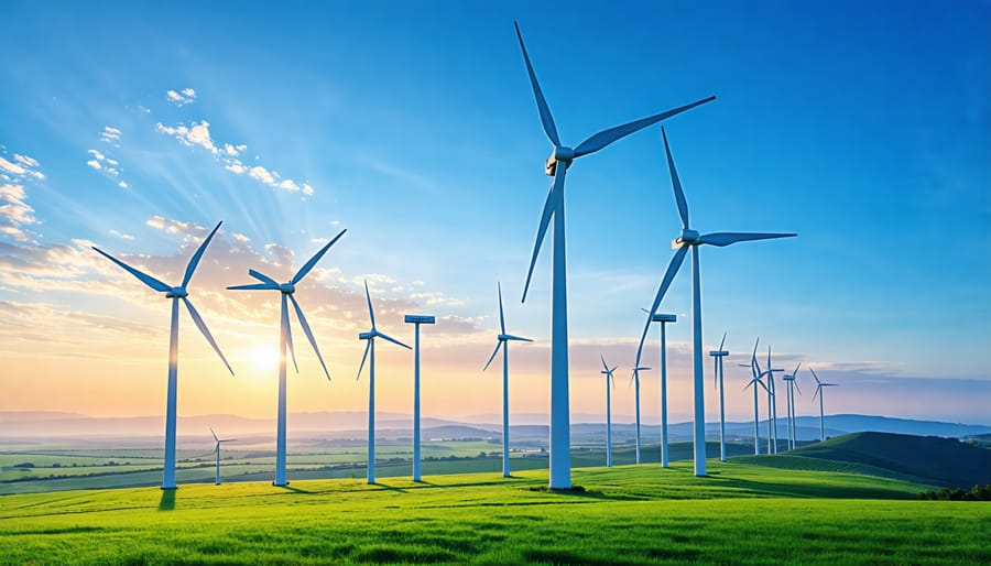 Several modern wind turbines erected against a clear blue sky, representing current technological advancements in wind energy.