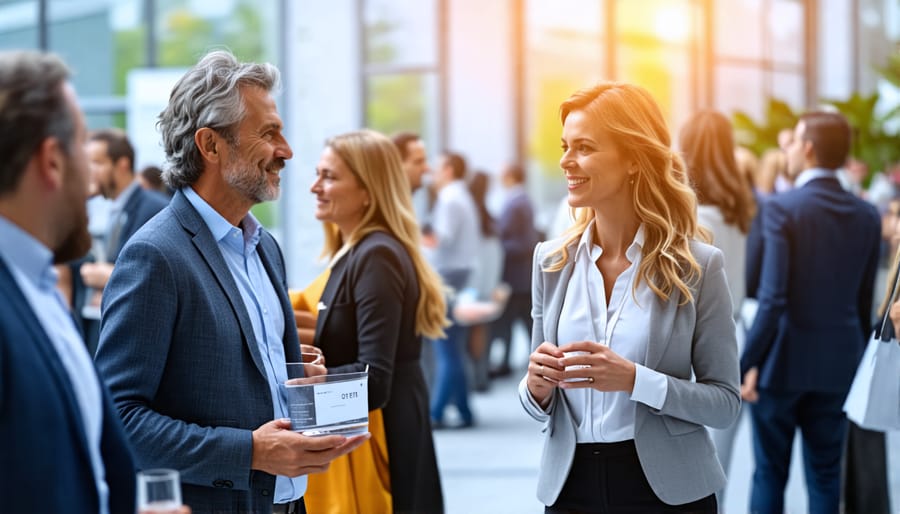 People engaged in conversation and networking at an industry conference