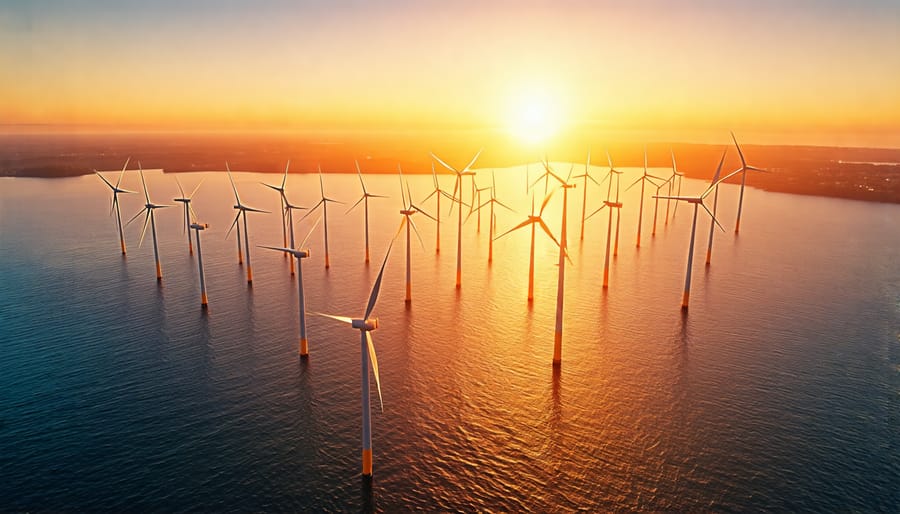 A stylized rendering of numerous offshore wind turbines off the coast of New Jersey, with a sunset in the background, representing the state's ambitious plans for renewable energy and a cleaner future.