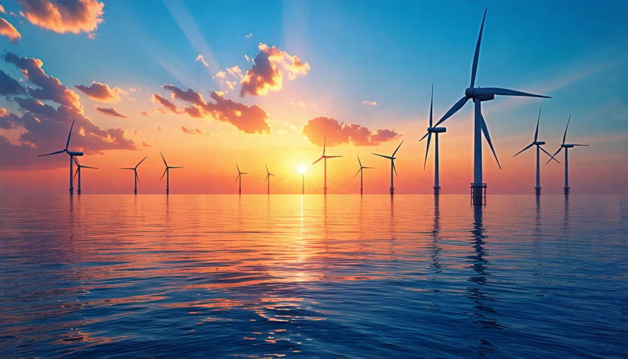 Offshore wind turbines silhouetted against the setting sun, illustrating renewable energy in a picturesque setting