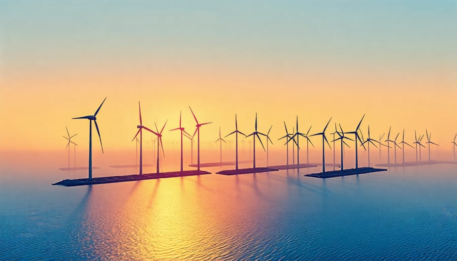 Rendering of numerous offshore wind turbines in the ocean