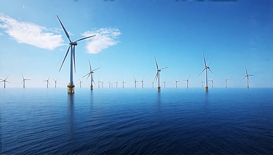 Wide view of an offshore wind farm with several wind turbines lining the horizon