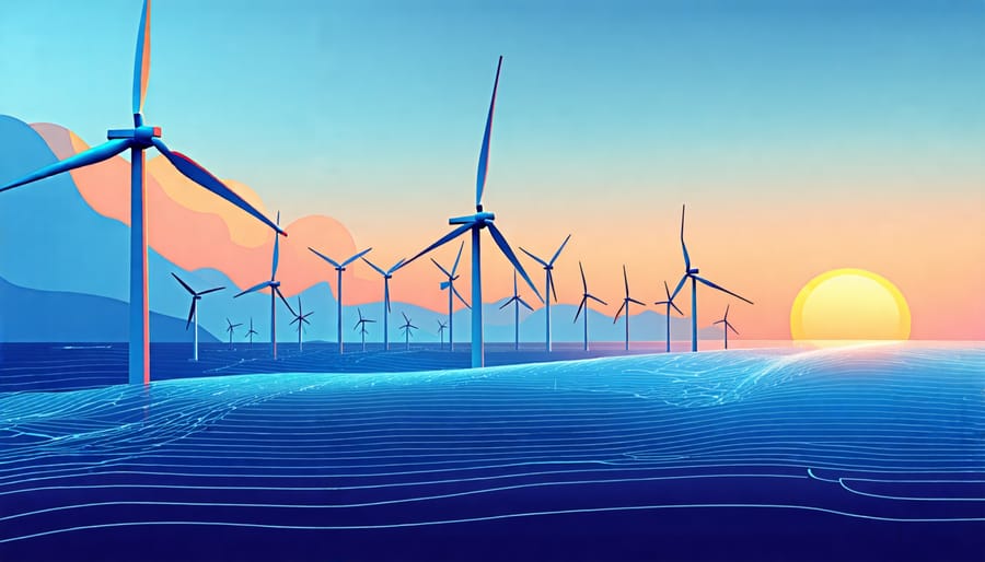 Abstract illustration of offshore wind turbines harnessing wind energy from the ocean.